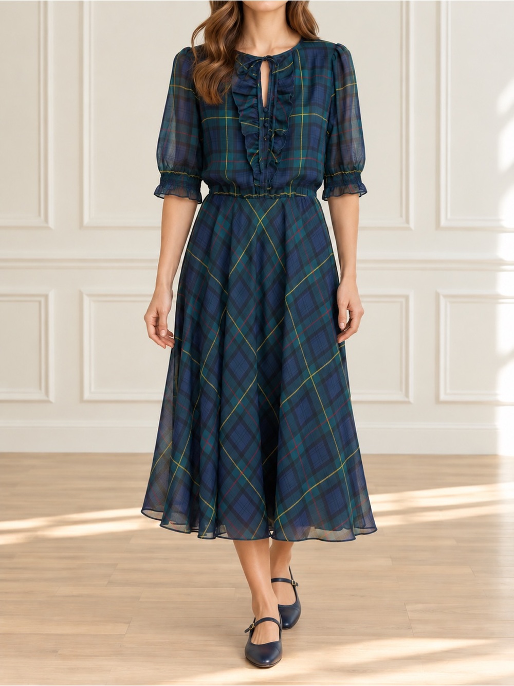 Lauren Ralph Lauren Size 8 Navy Green Plaid Chiffon Midi Dress Ruffle Tie Neck
